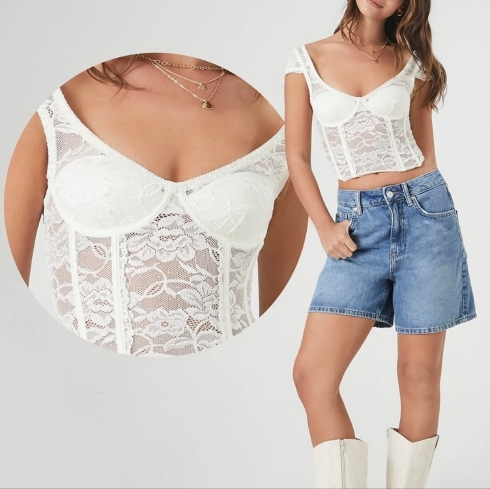 Faded Rose Sheer White Floral Lace Bustier Corset Top Medium Cottagecore Y2K